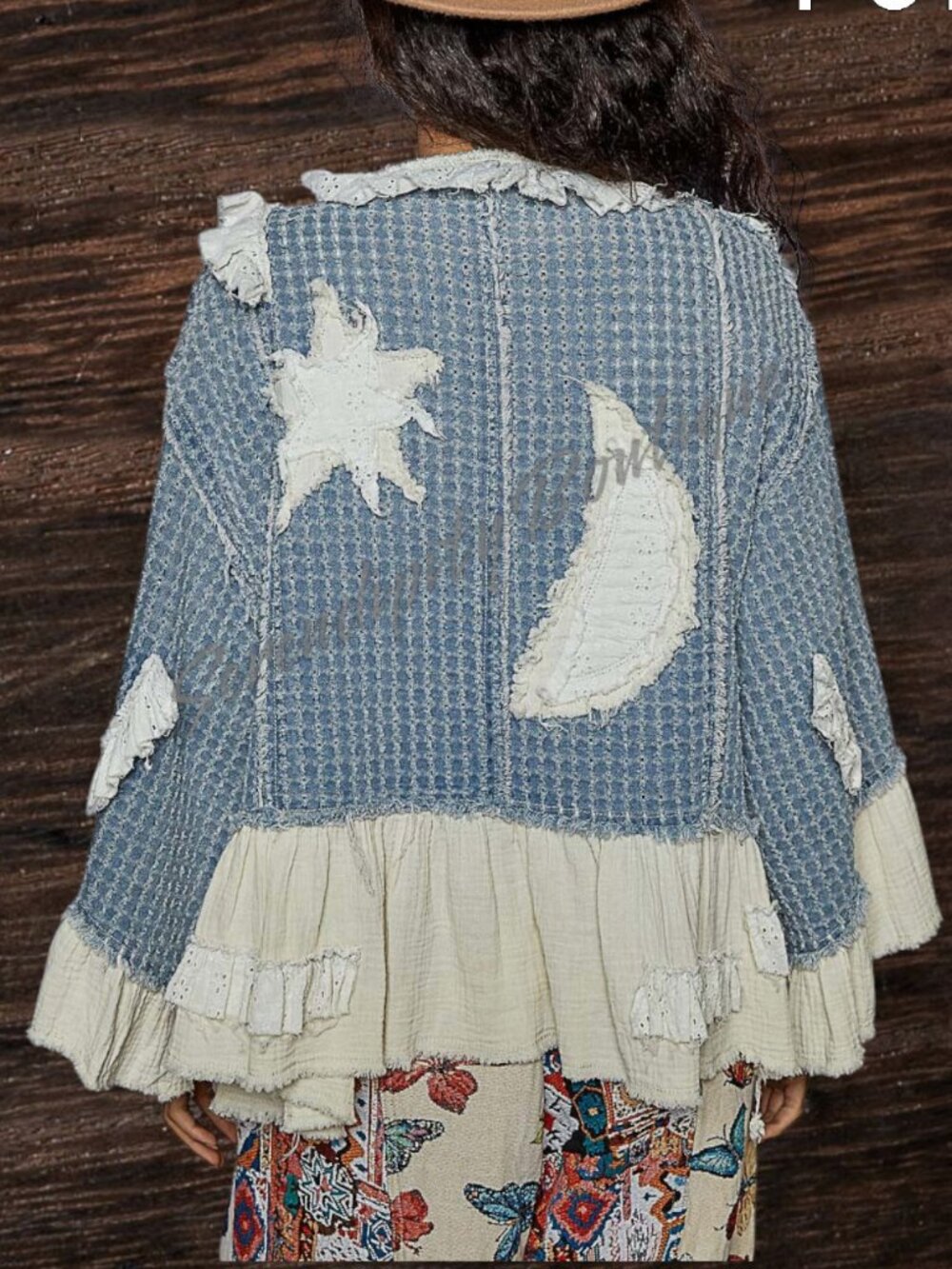 POL Hippie Bohemian Ruffles Denim Stars & Moon Patches Denim Jean Jacket - Picture 3 of 13